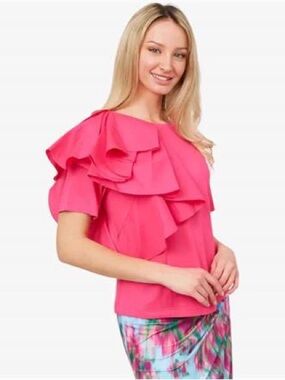 NEW Badgley Mischka Pink Ruffle Short-Sleeve Top (S)